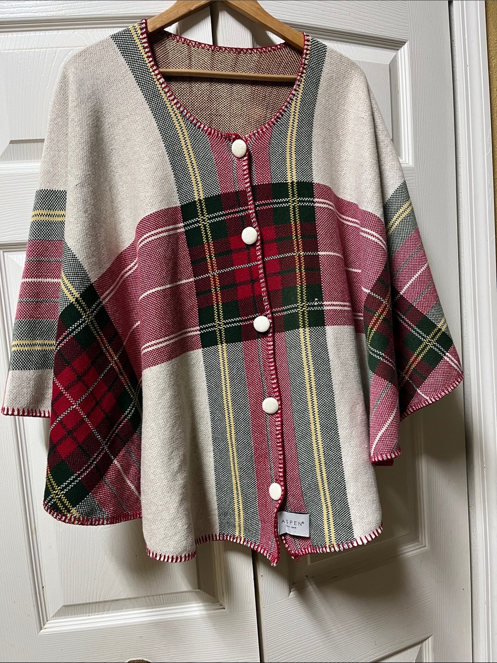 Aspen plaid poncho, red, green tartan, white coconut style buttons 100% cotton